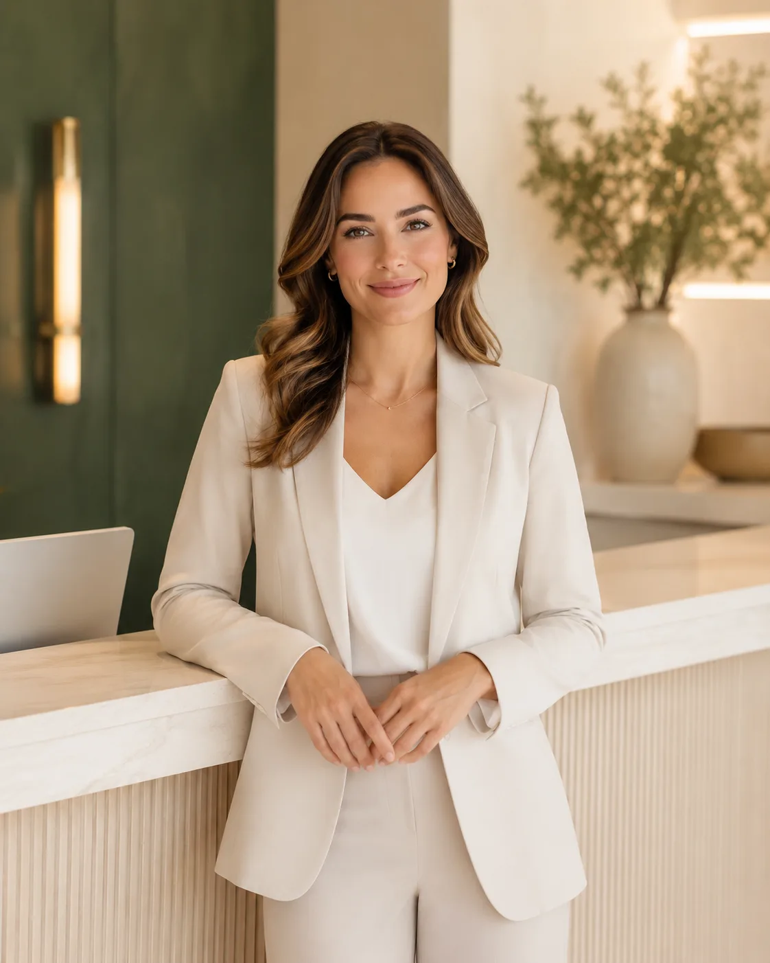 Aesthetic clinic owner standing at a modern reception desk